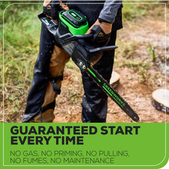Greenworks handle and controls detail, showing ergonomic grip benefit