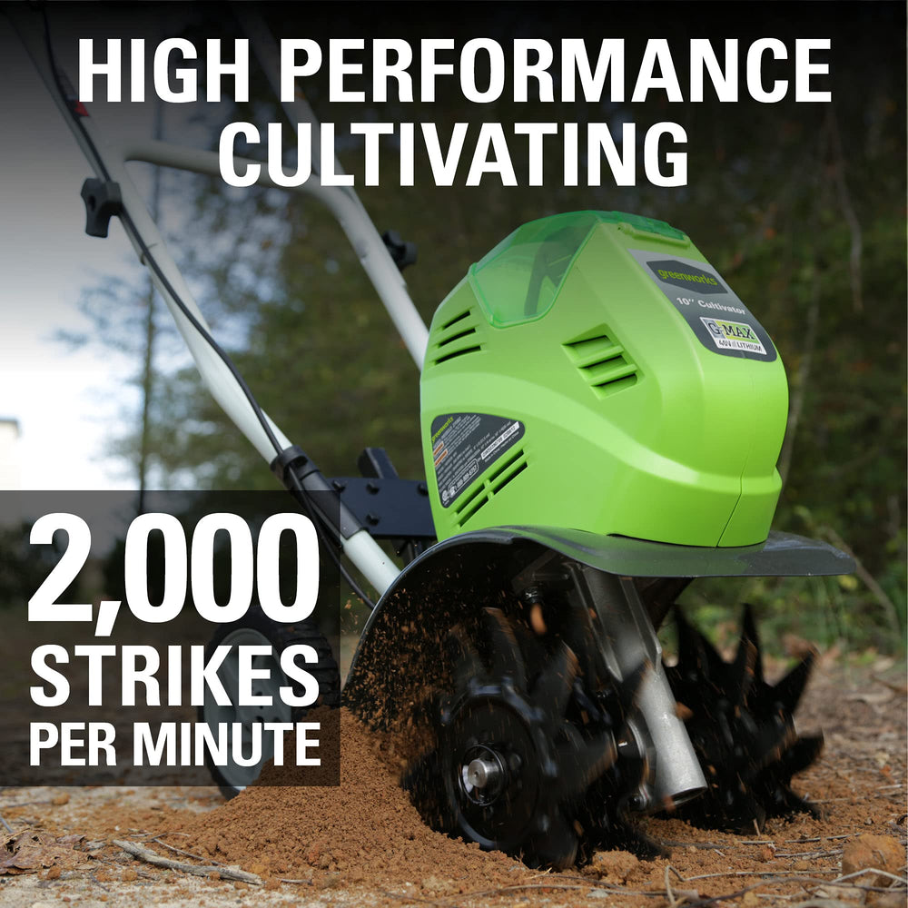 Greenworks handle and push-button start detail for quick activation and control
