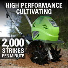 Greenworks handle and push-button start detail for quick activation and control