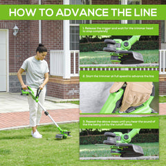 Greenworks pivot head detail highlighting 90-degree rotation benefit