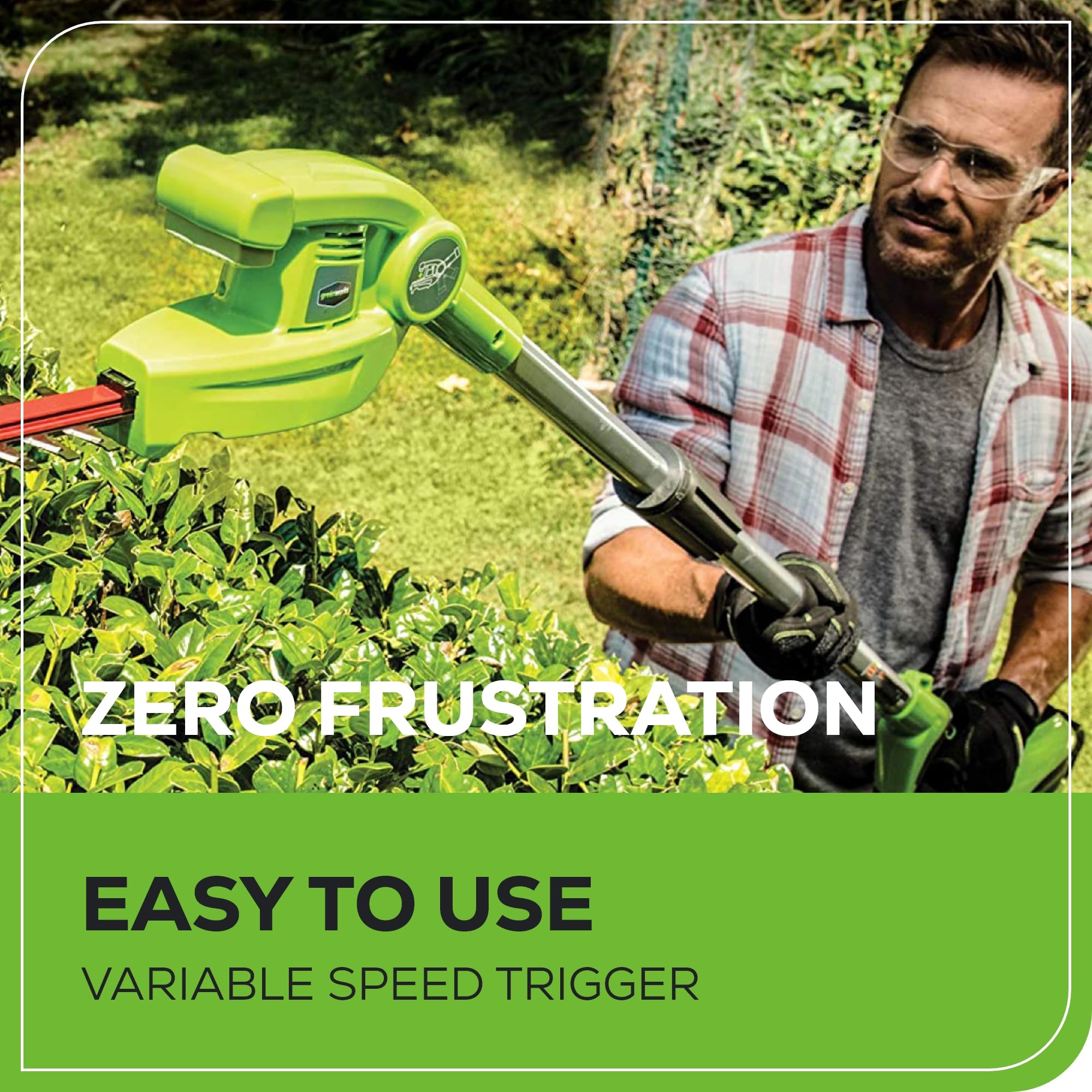 Greenworks detailed view of 20-inch dual-action hedge blade highlighting precise trimming benefit