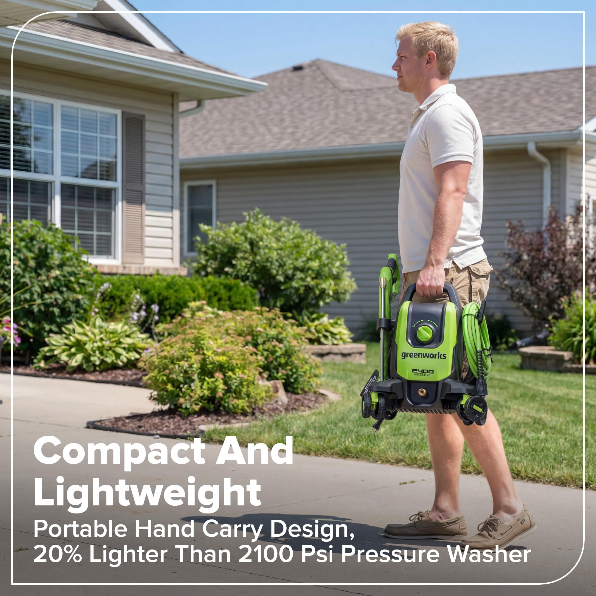 Greenworks high-pressure hose and connector detail for kink-resistant durability