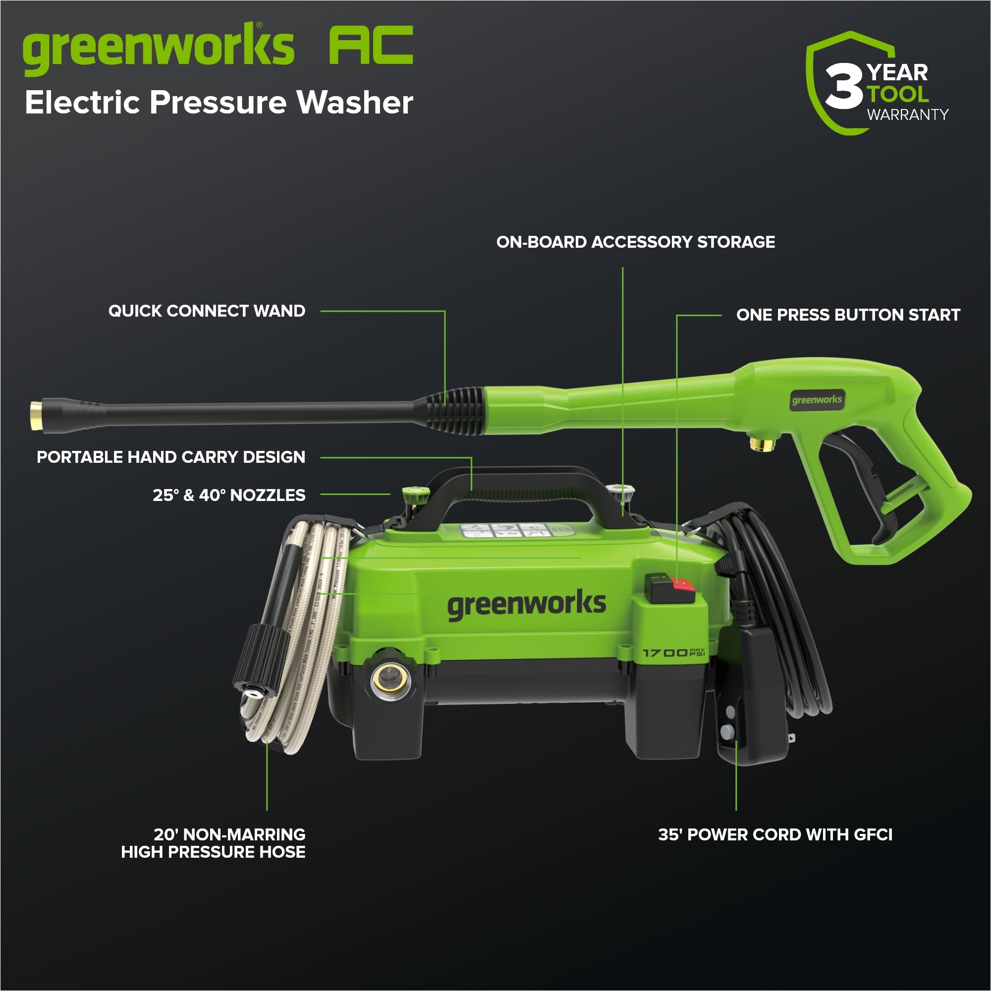 Greenworks hose connection close-up showing durable quick-connect fitting