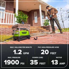 Greenworks hose connection detail demonstrating secure quick-connect for leak-free use