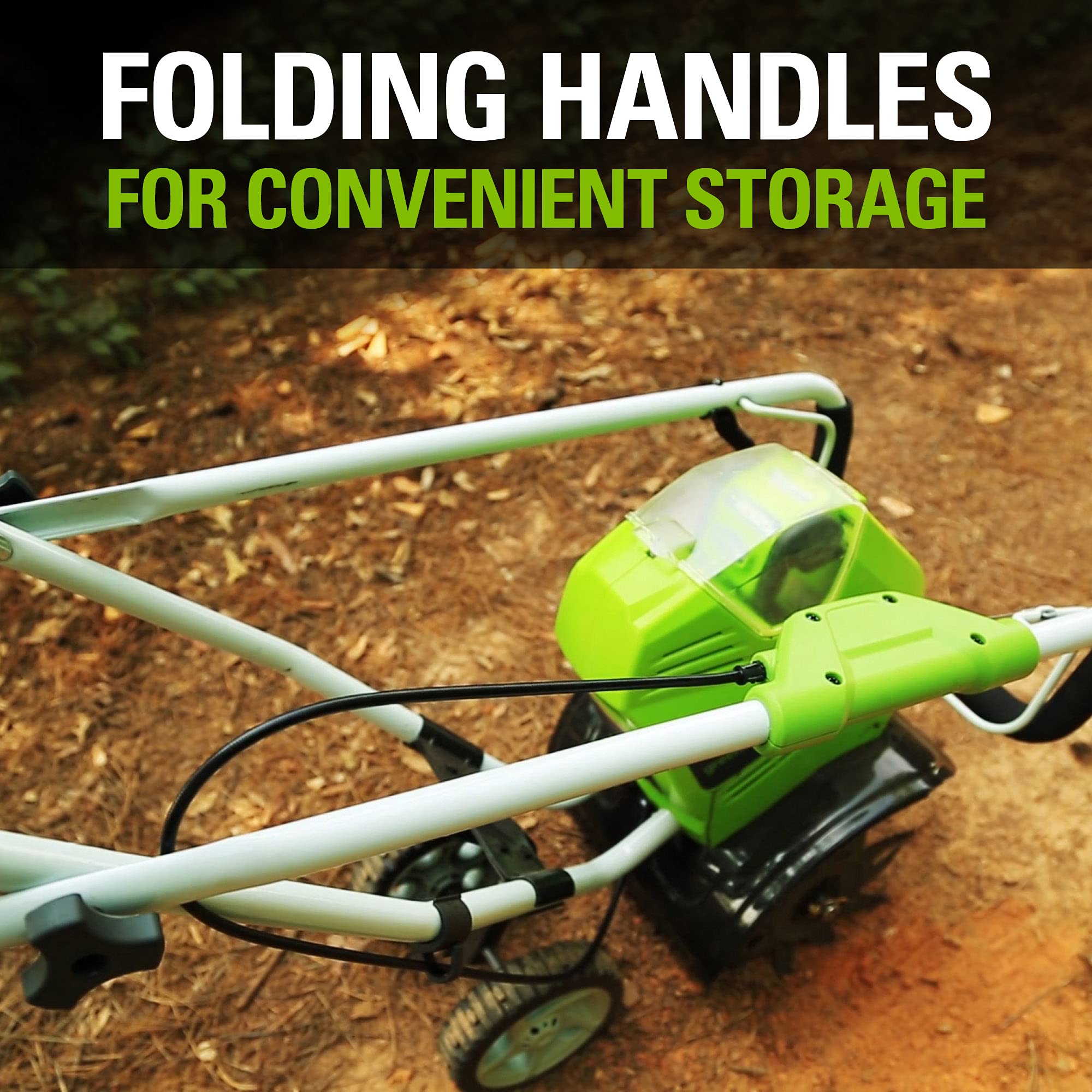 Greenworks cultivator in garden bed preparing soil for planting with cordless convenience