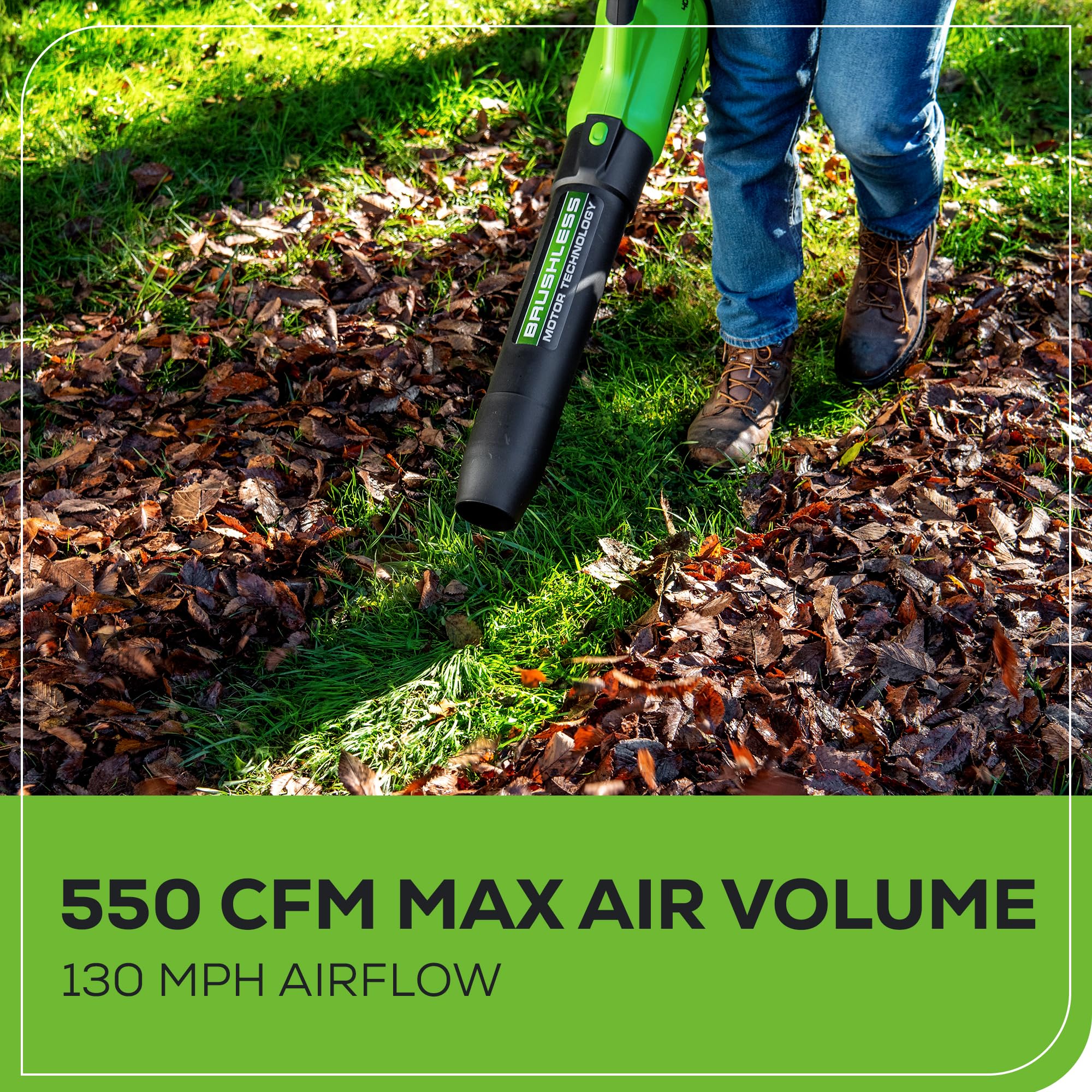 Greenworks blower blowing wet leaves to quickly restore clean yard