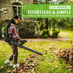Greenworks blower in use clearing wet leaves demonstrating efficient power
