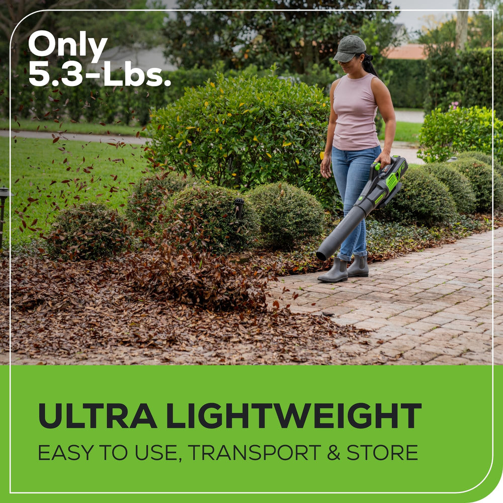 Greenworks blower in use clearing driveway showing efficient results