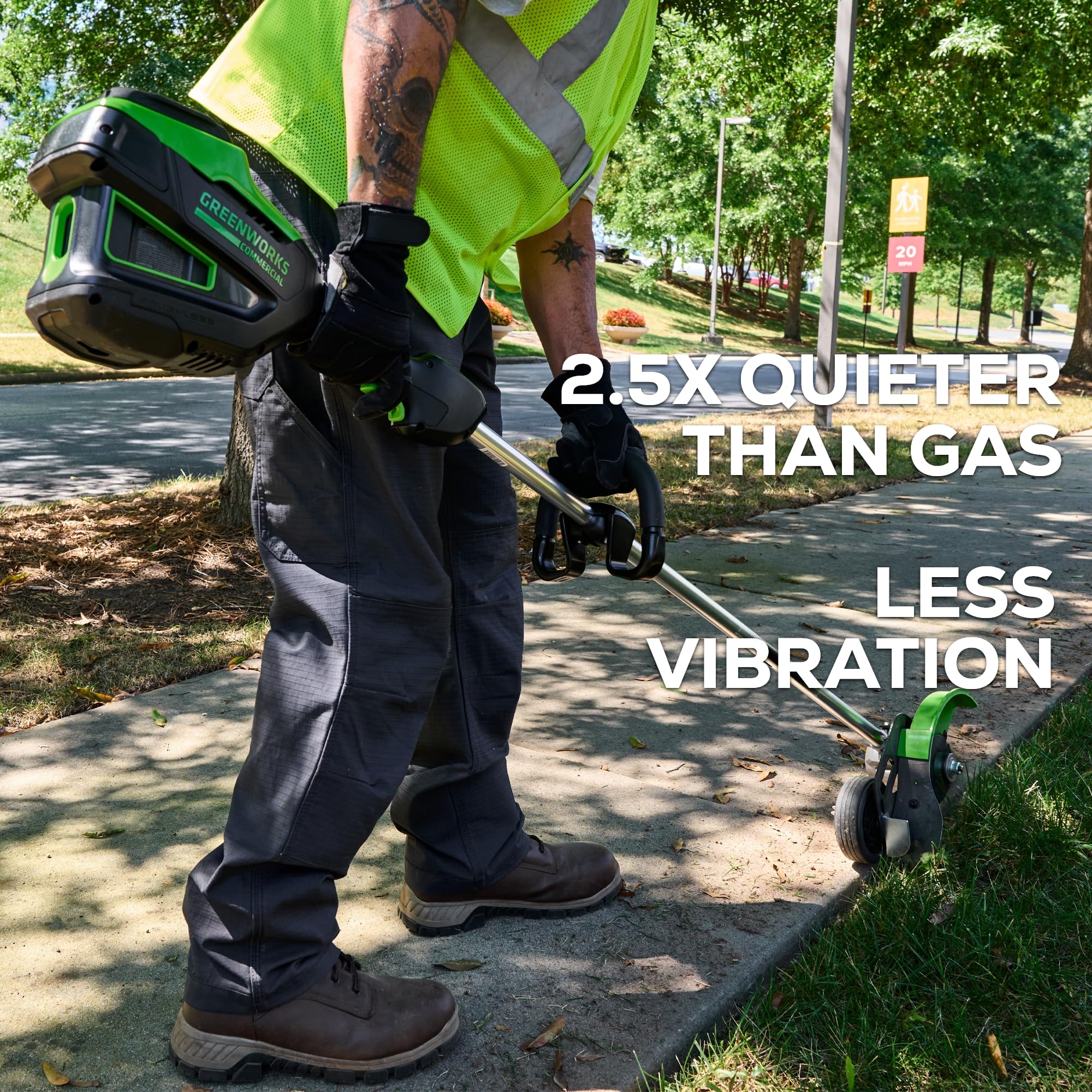 Greenworks in use edging driveway illustrating powered cordless performance and clean borders