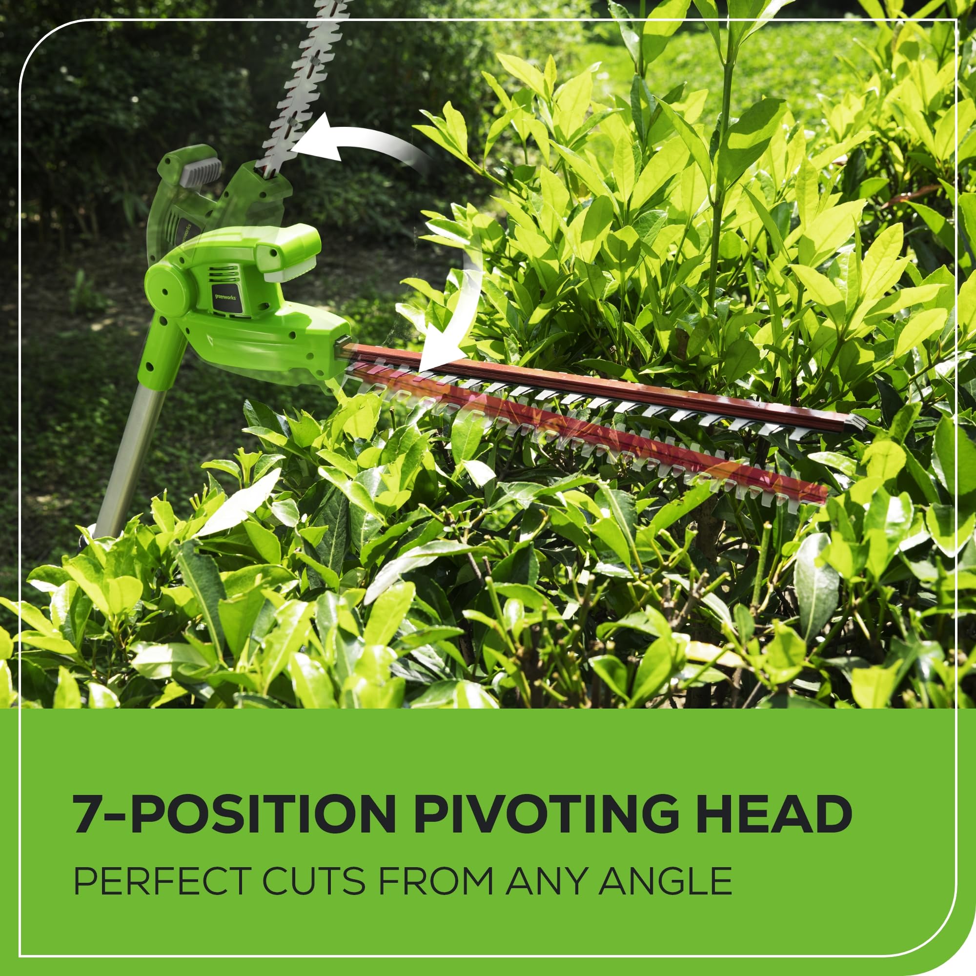 Greenworks polesaw in use cutting a branch demonstrating safe reach benefit