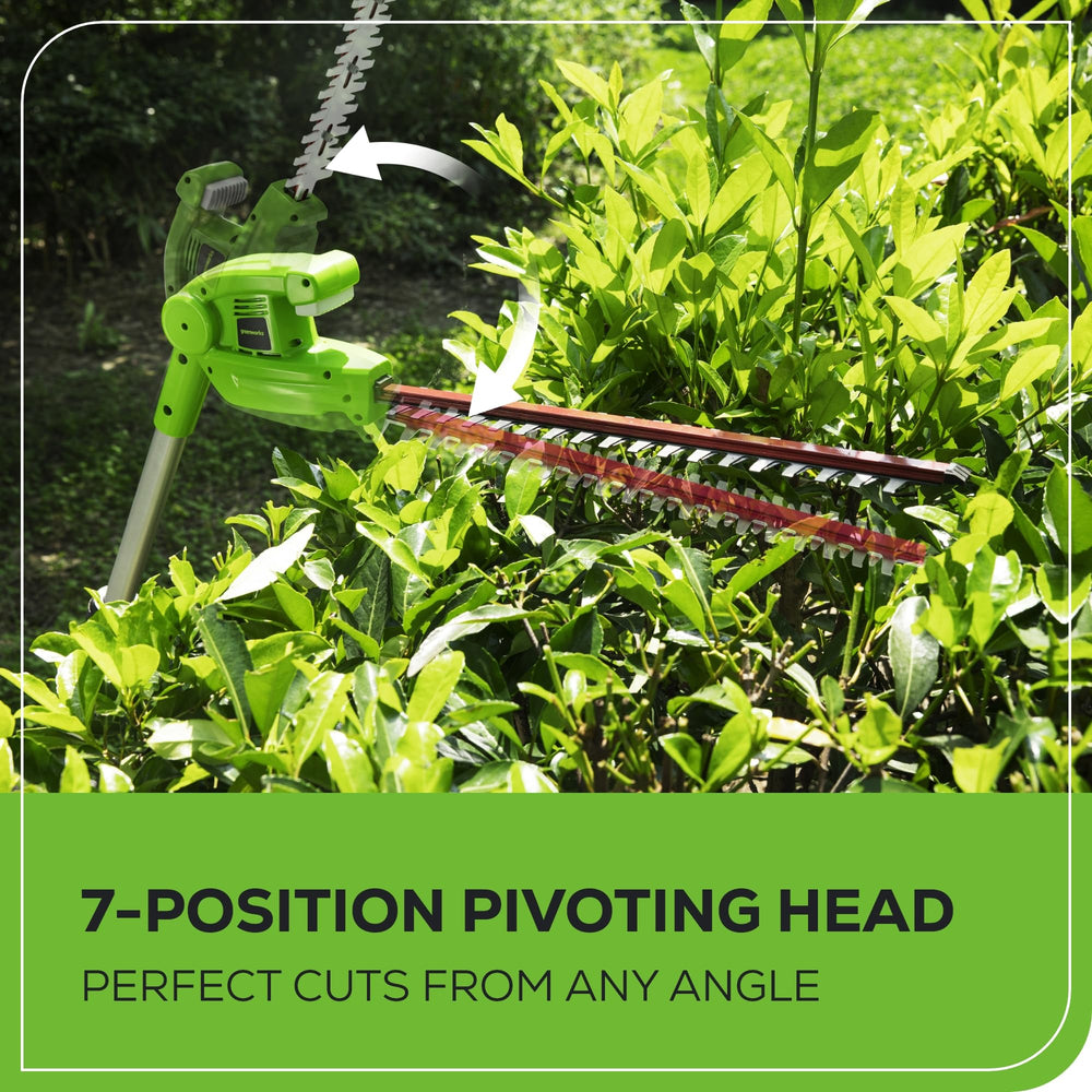 Greenworks polesaw in use cutting a branch demonstrating safe reach benefit