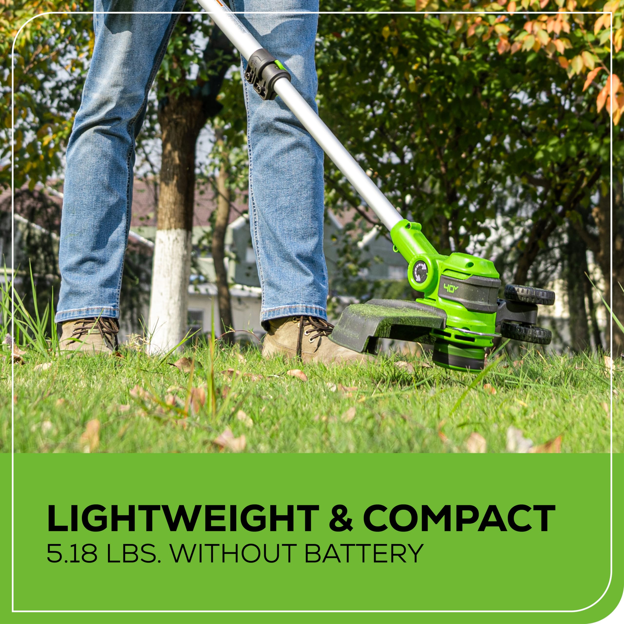 Greenworks in use trimming sidewalk edge for neat curb appeal