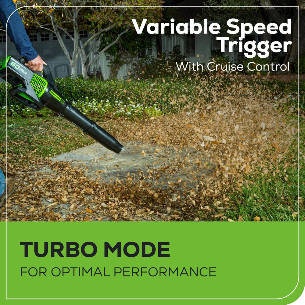 Greenworks string trimmer in use edging a lawn, offering balanced, comfortable control