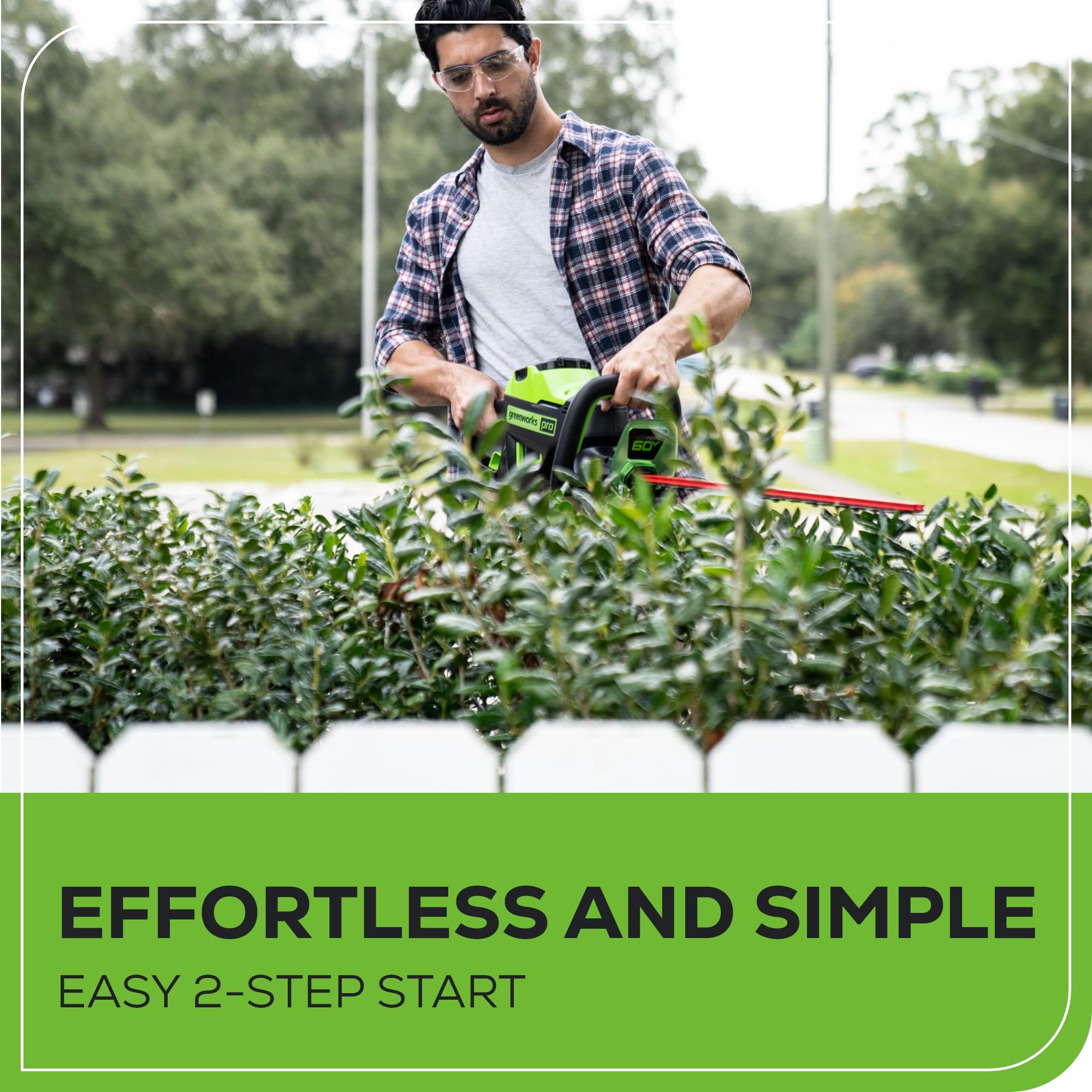 Greenworks hedge trimmer in use showing efficient, quiet trimming benefit