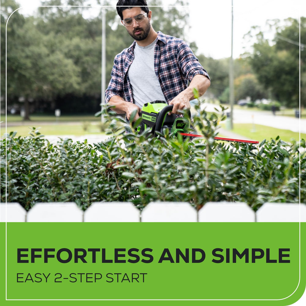 Greenworks hedge trimmer in use showing efficient, quiet trimming benefit