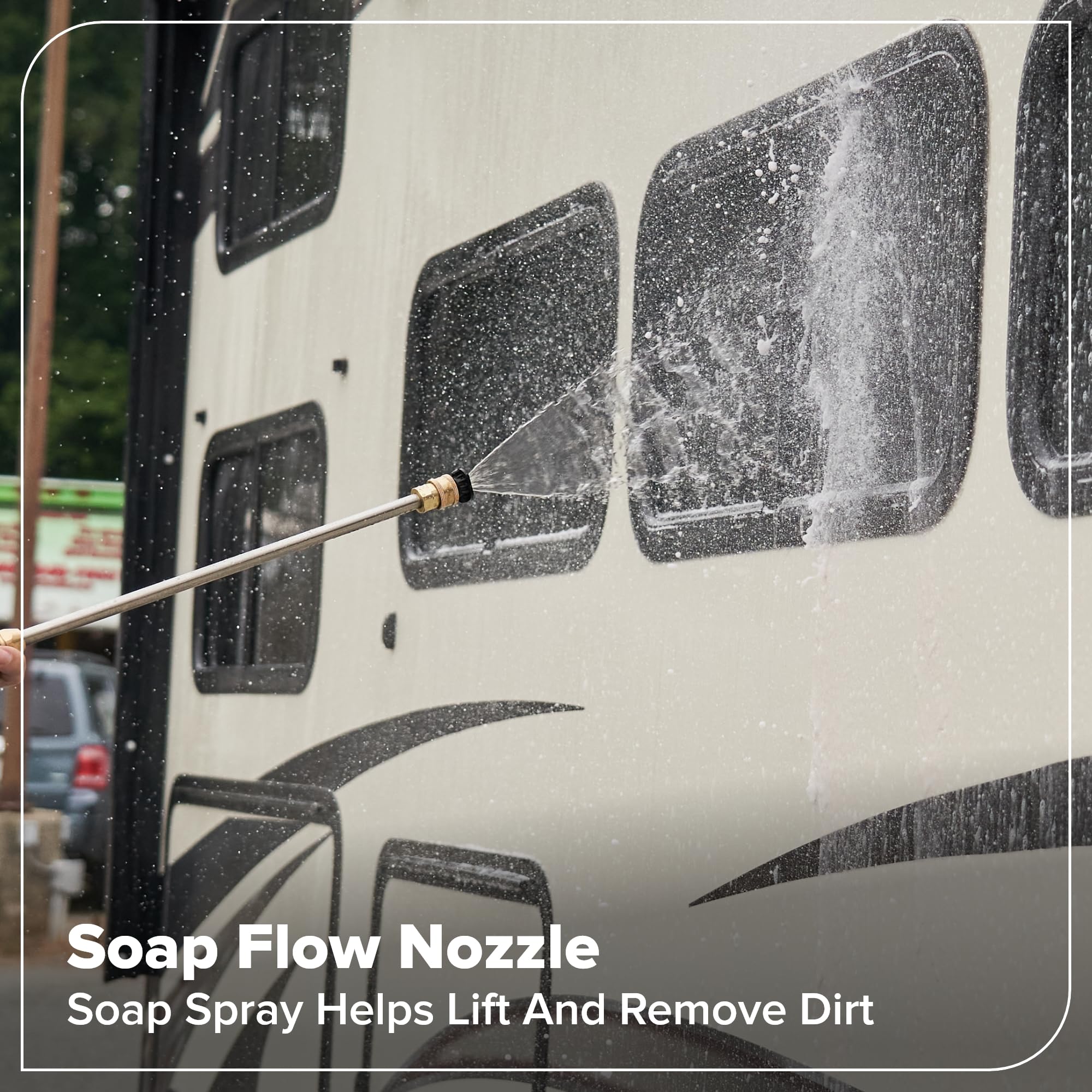 Greenworks in use washing a driveway demonstrating effective stain removal