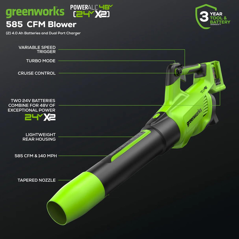 Greenworks leaf blower side profile highlighting streamlined design and lightweight benefit