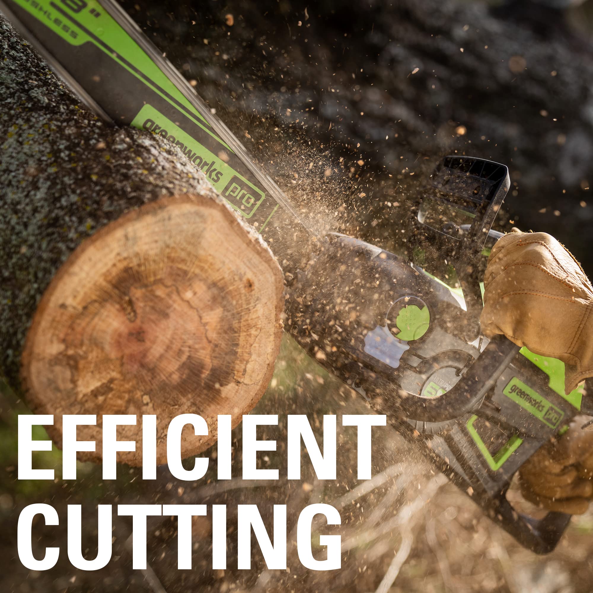 Greenworks bar and chain in yard cleanup scene demonstrating efficient cutting