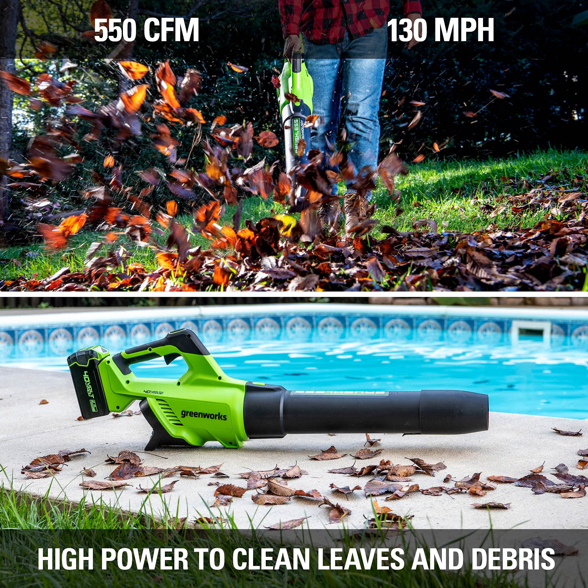 Greenworks kit in a yard clearing leaves illustrating efficient debris cleanup