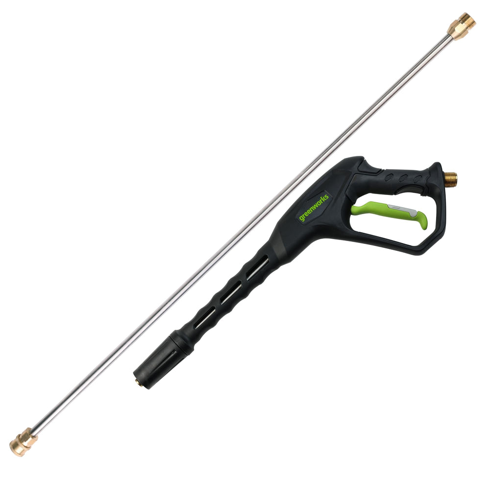 Greenworks metal spray gun front view showing durable build and compatibility