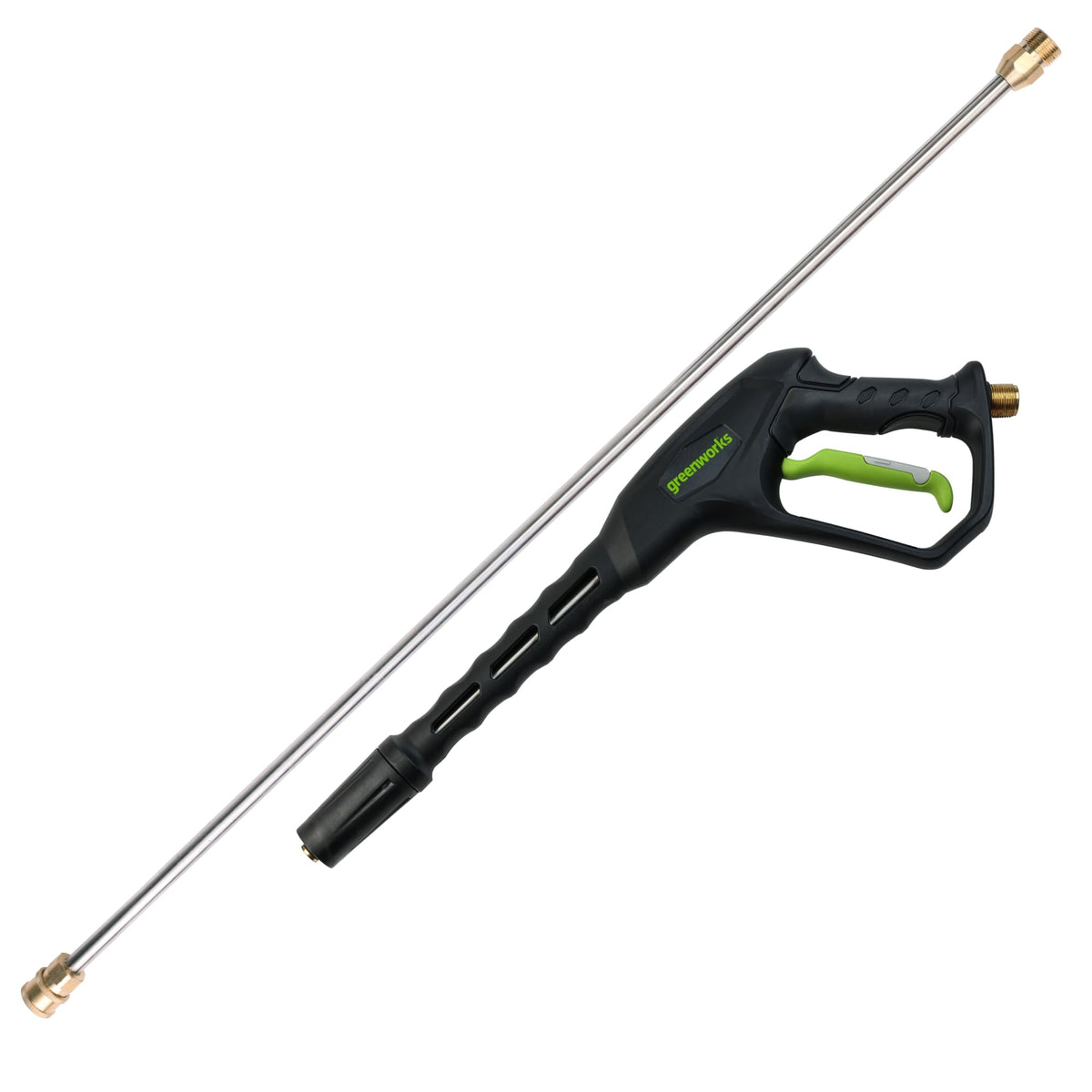 Greenworks metal spray gun front view showing durable build and compatibility