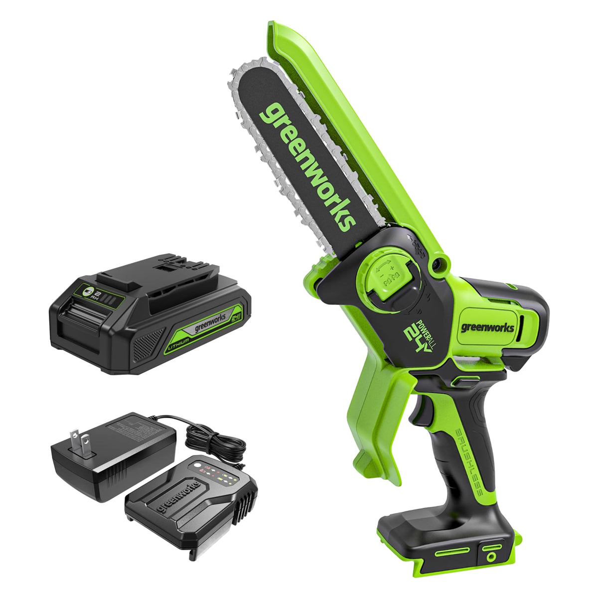 Greenworks mini chainsaw front view showing compact design and portability