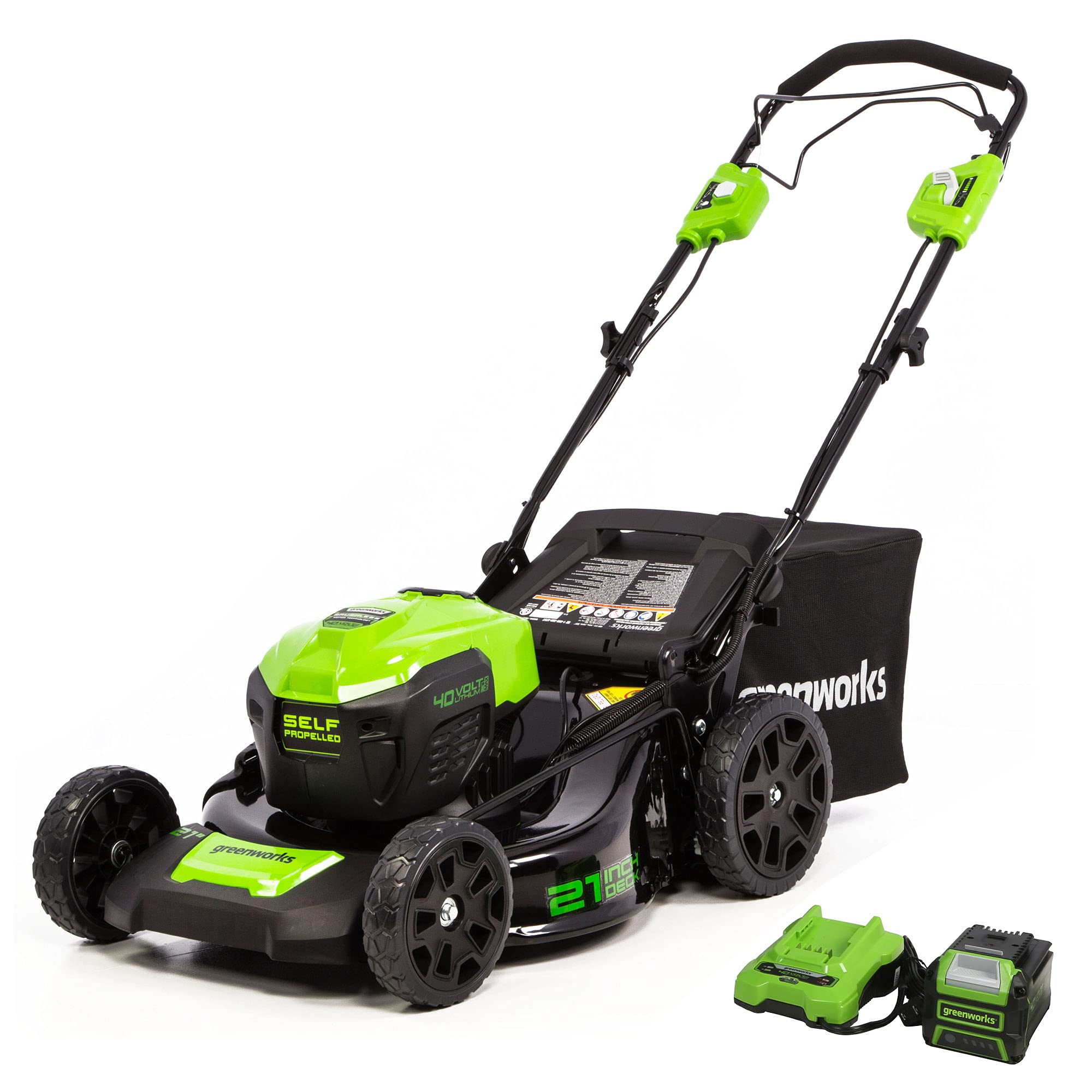 Greenworks mower front view showing deck and self-propelled benefit