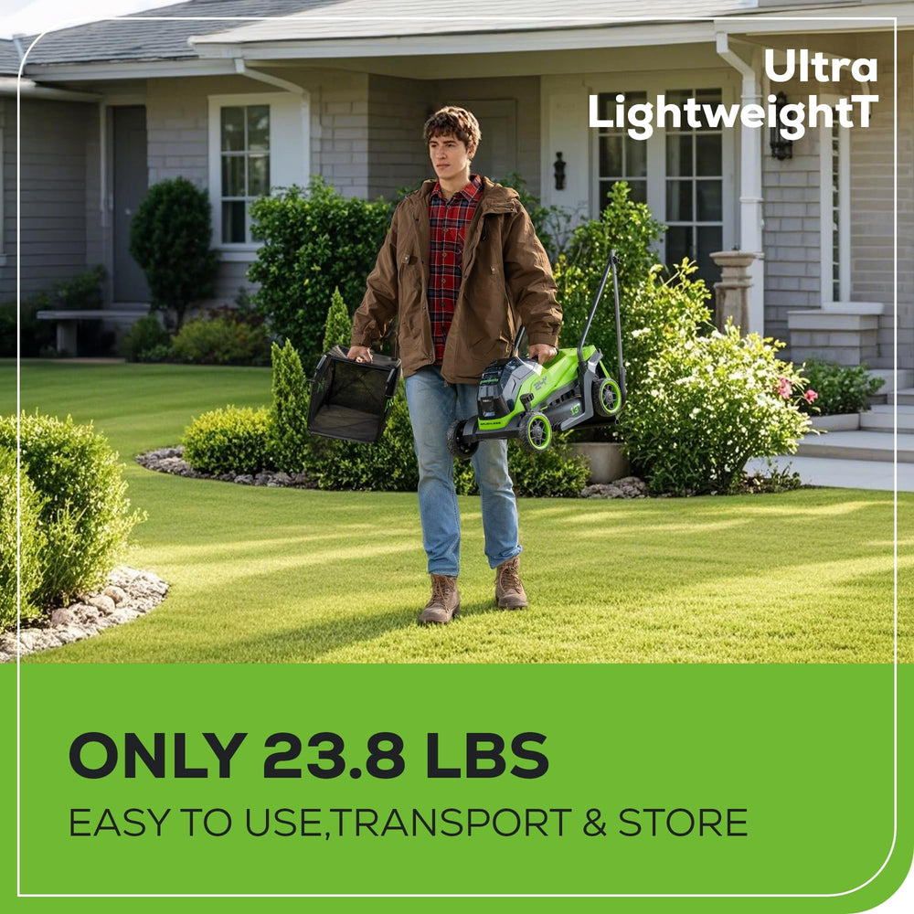 Greenworks mower in use on residential lawn offering quiet, emission-free operation