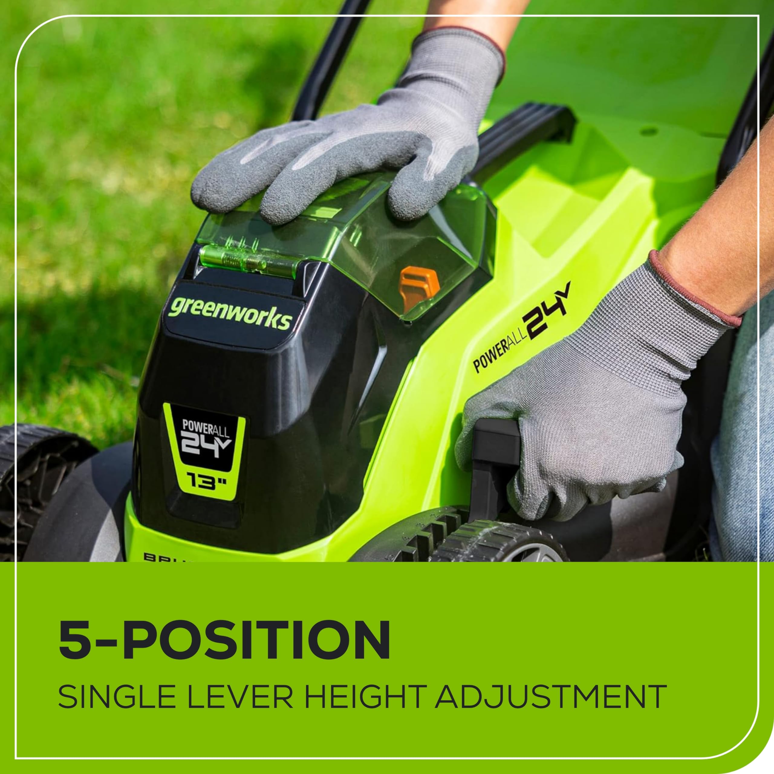 Greenworks mower cutting lawn demonstrating quiet efficient performance