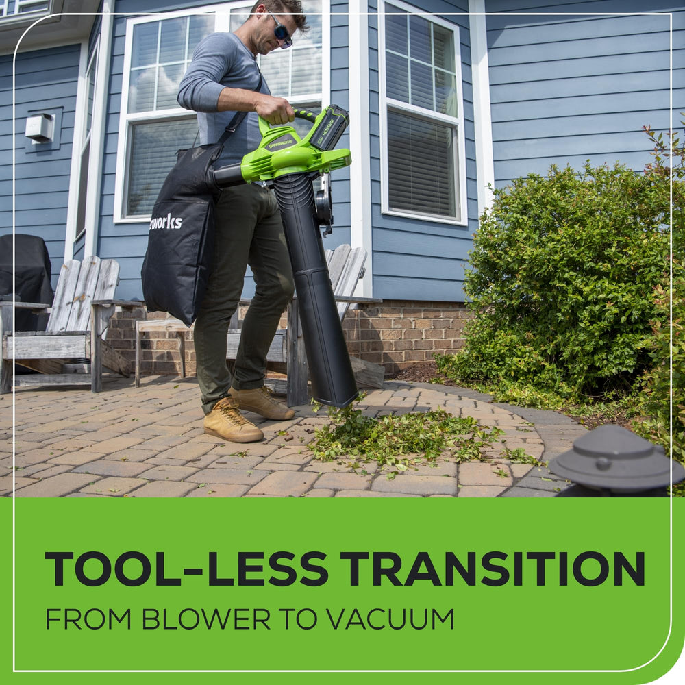 Greenworks mulcher chute detail showing reduced leaf volume advantage