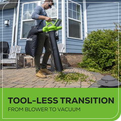 Greenworks mulcher chute detail showing reduced leaf volume advantage