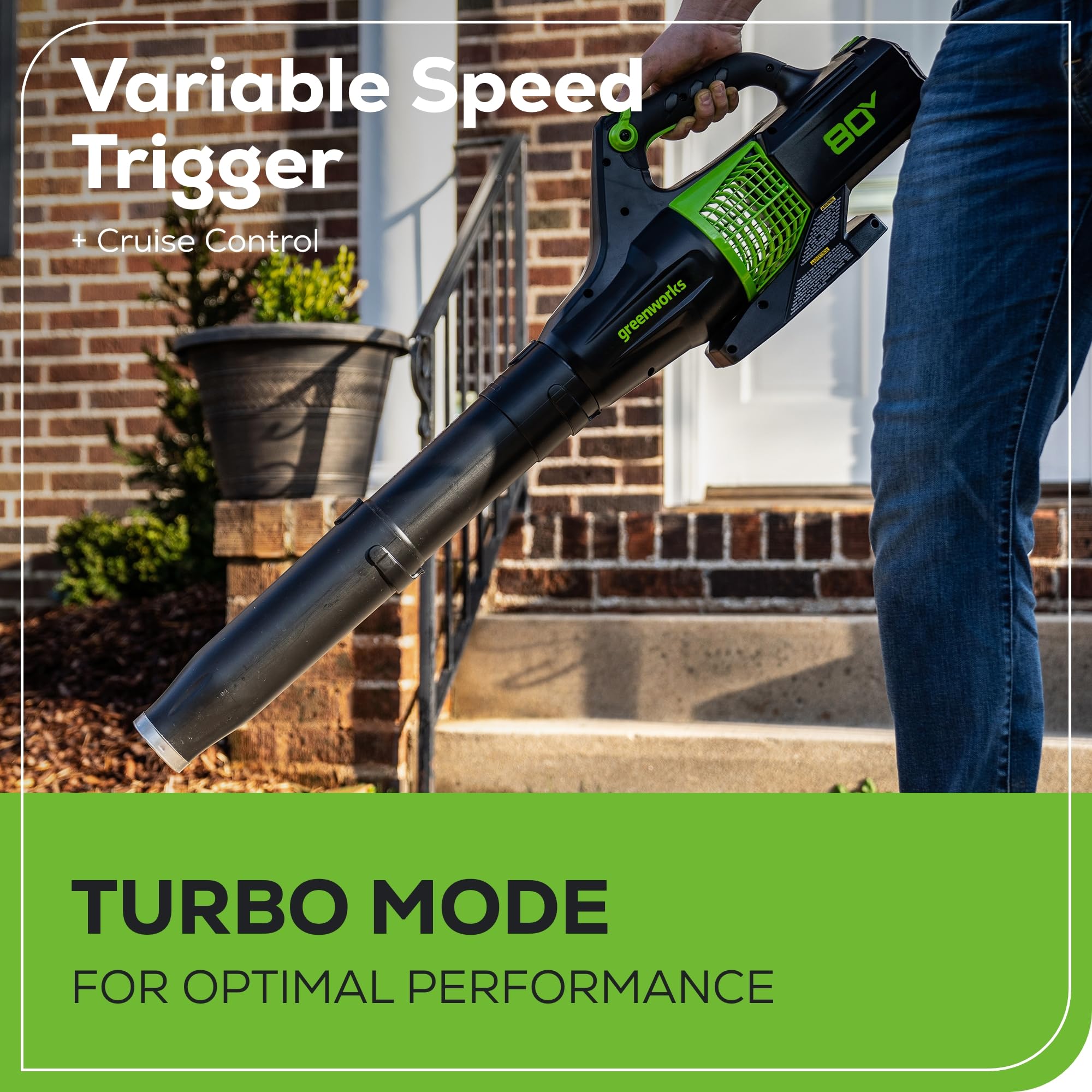 Greenworks nozzle close-up showing durable finish and airflow efficiency