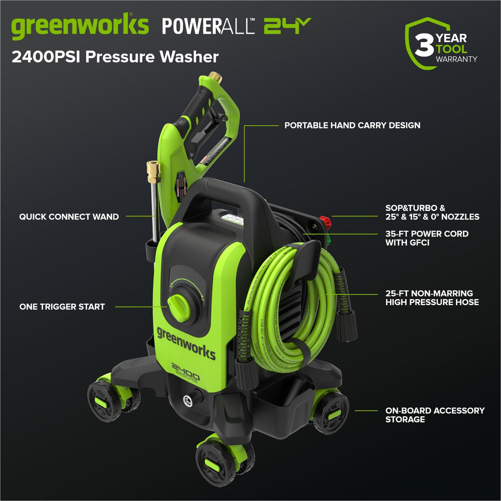 Greenworks nozzle selection display with five tips for versatile cleaning