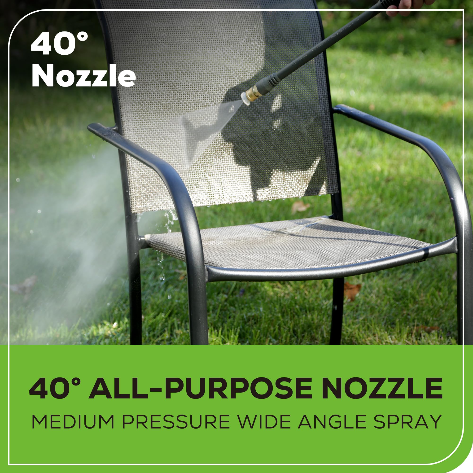Greenworks included nozzles and soap applicator arranged to show cleaning versatility