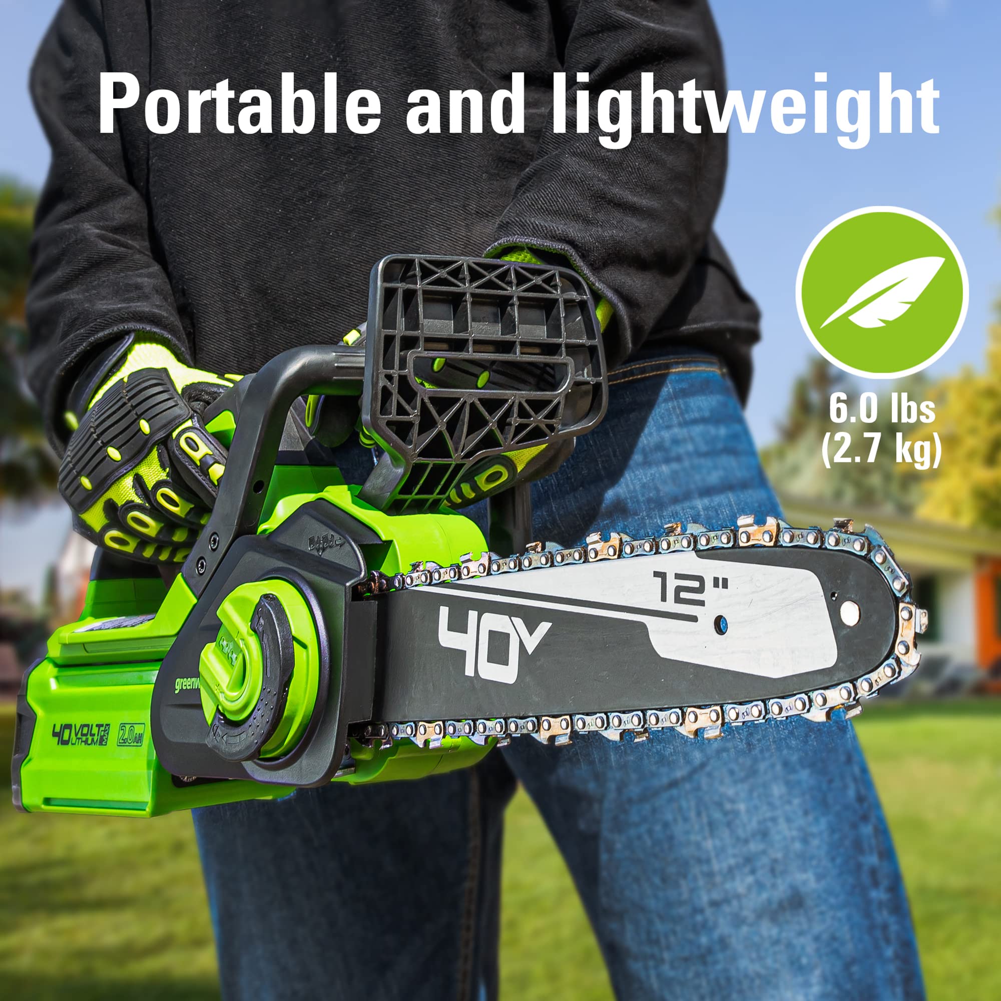Greenworks automatic oiler and tool-less tensioning detail for simple maintenance