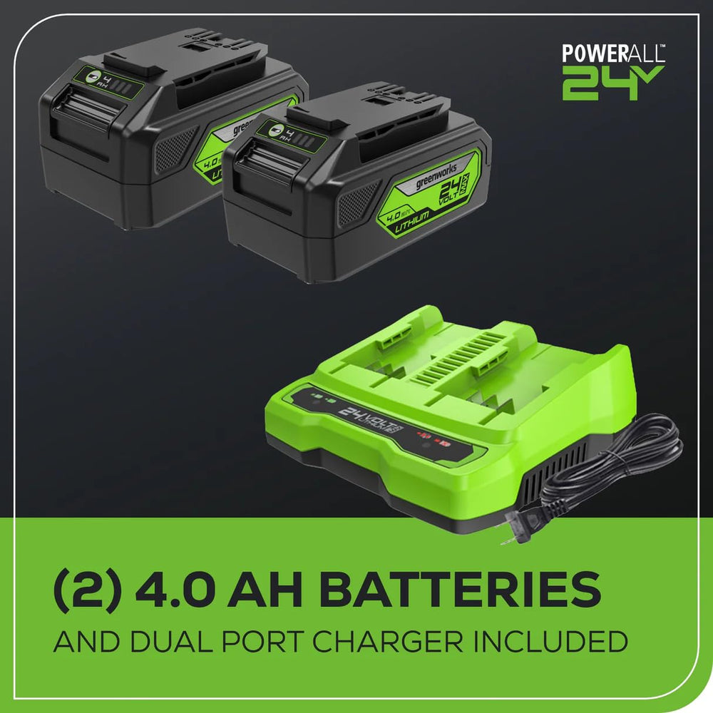 Greenworks retail packaging and labels showing included batteries and charger benefit