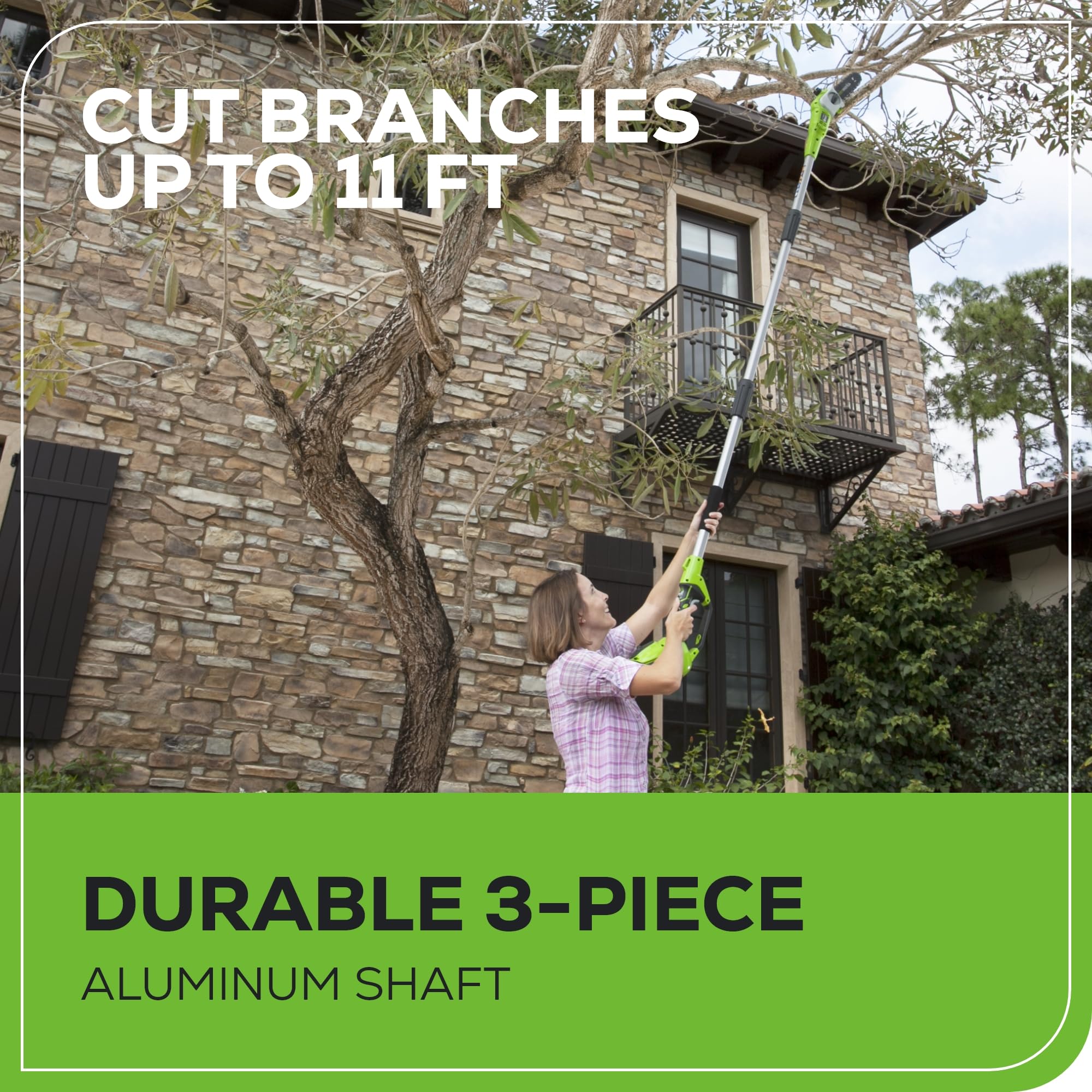 Greenworks pivoting head angle demo showing 7-position flexibility benefit