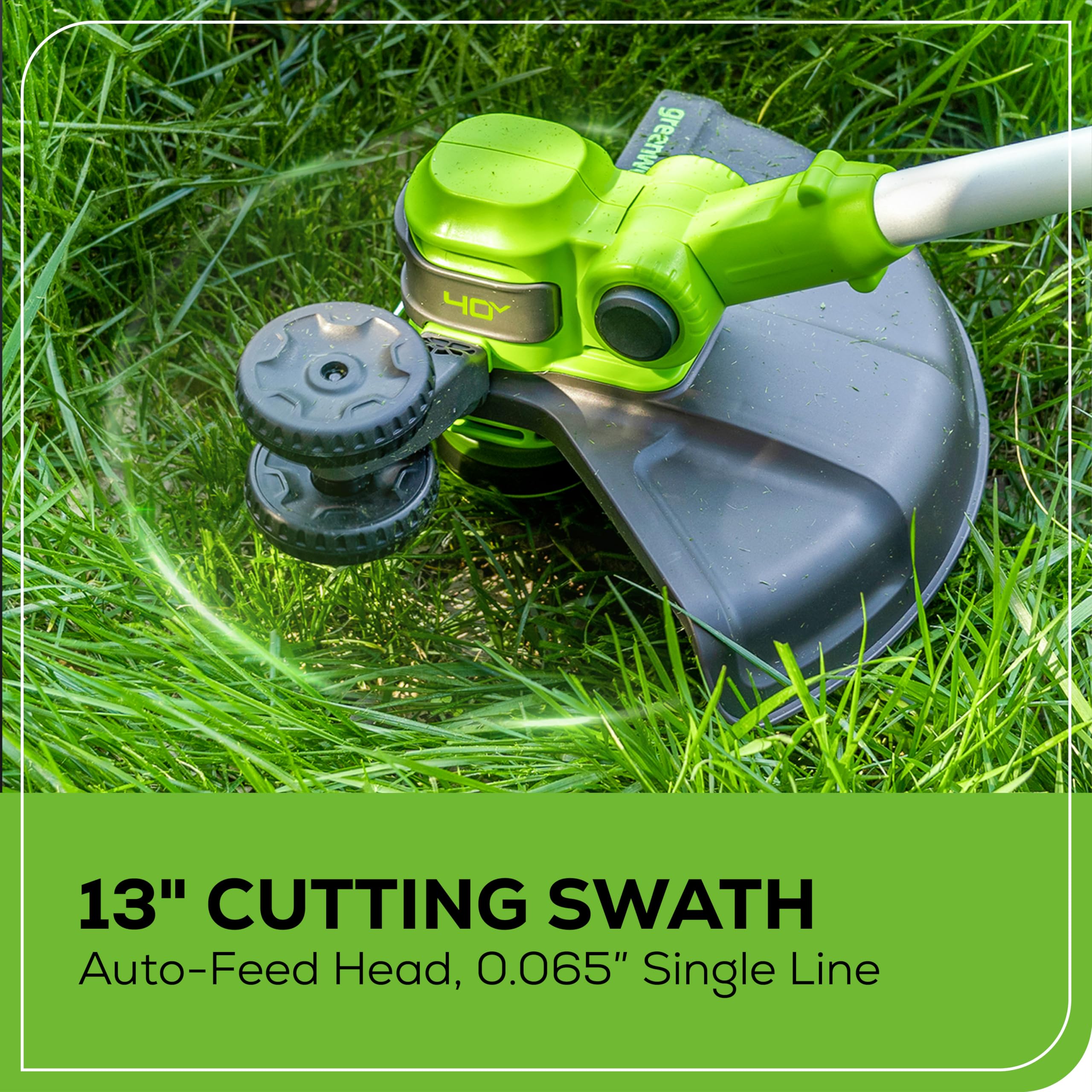 Greenworks pivoting head shown at angle to improve reach and control