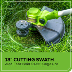 Greenworks pivoting head shown at angle to improve reach and control