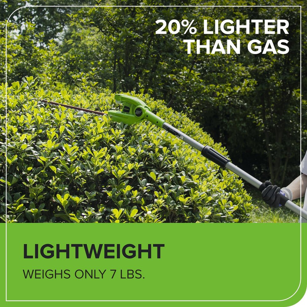 Greenworks pole hedge trimmer extended in use trimming tall hedges, improved reach