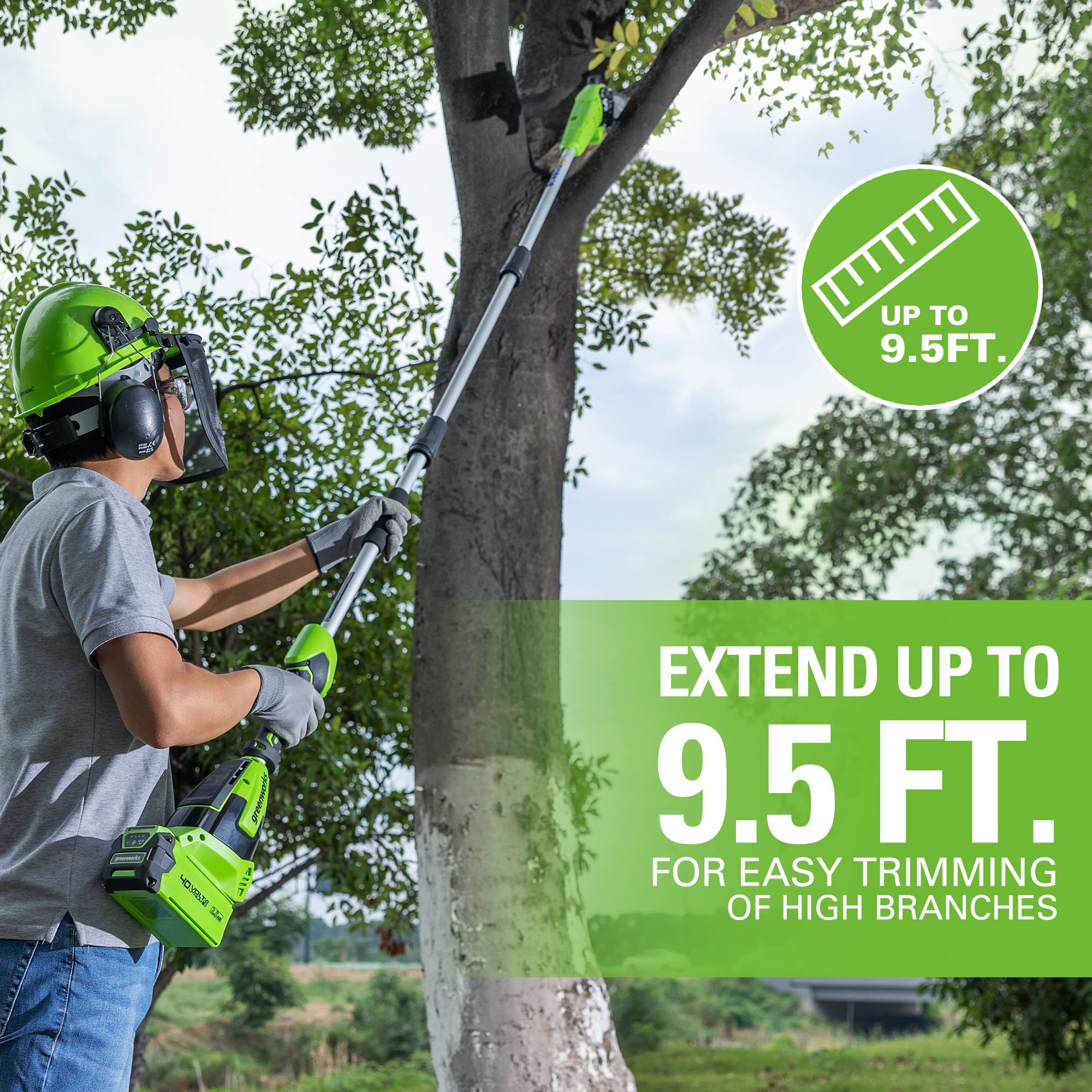 Greenworks pole hedge trimmer side view highlighting 7-position pivot benefit