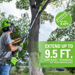 Greenworks pole hedge trimmer side view highlighting 7-position pivot benefit