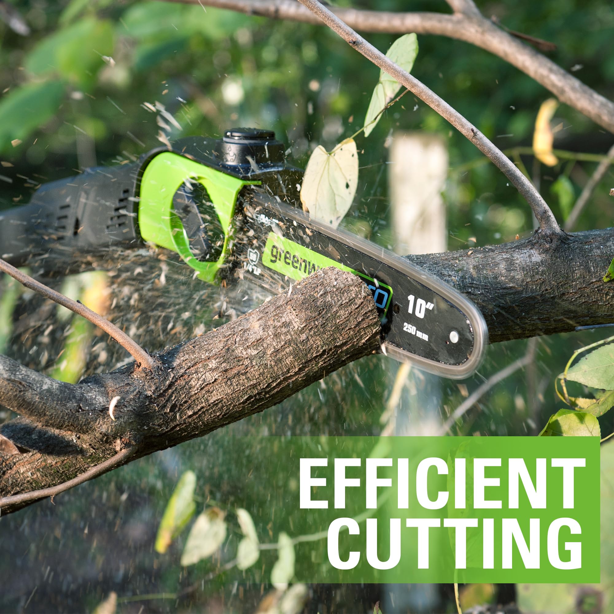 Greenworks bar and chain installed on pole saw pruning a branch for easy trimming benefit