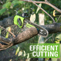 Greenworks bar and chain installed on pole saw pruning a branch for easy trimming benefit