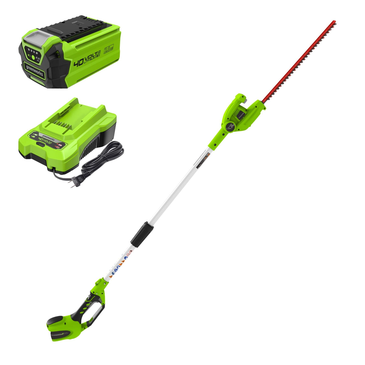 Greenworks trimmer front packaging showing included battery and charger, convenient kit