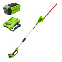 Greenworks trimmer front packaging showing included battery and charger, convenient kit