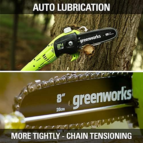 Greenworks polesaw bar and chain close-up highlighting automatic oiler benefit