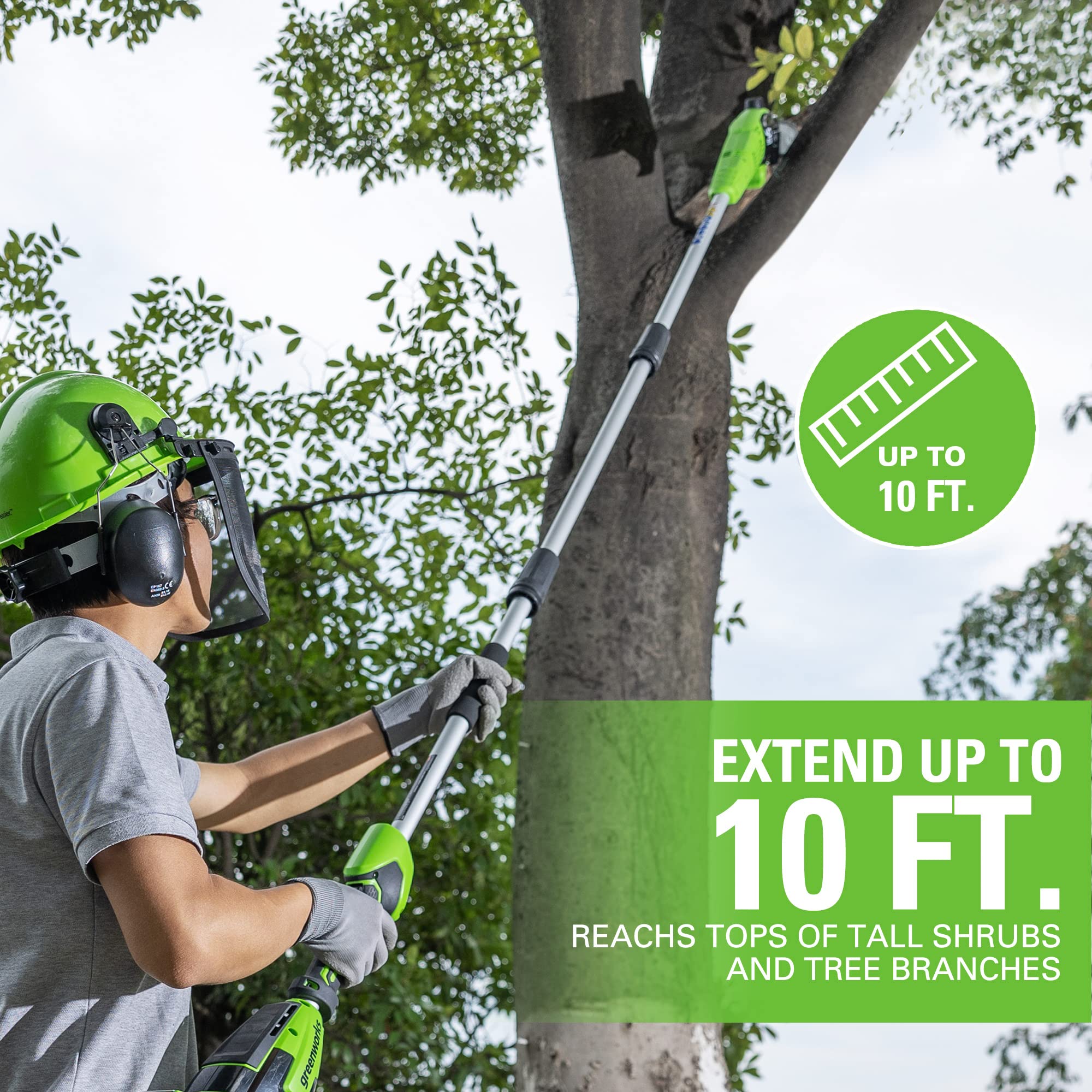 Greenworks polesaw bar and chain closeup with automatic oiler for longer life