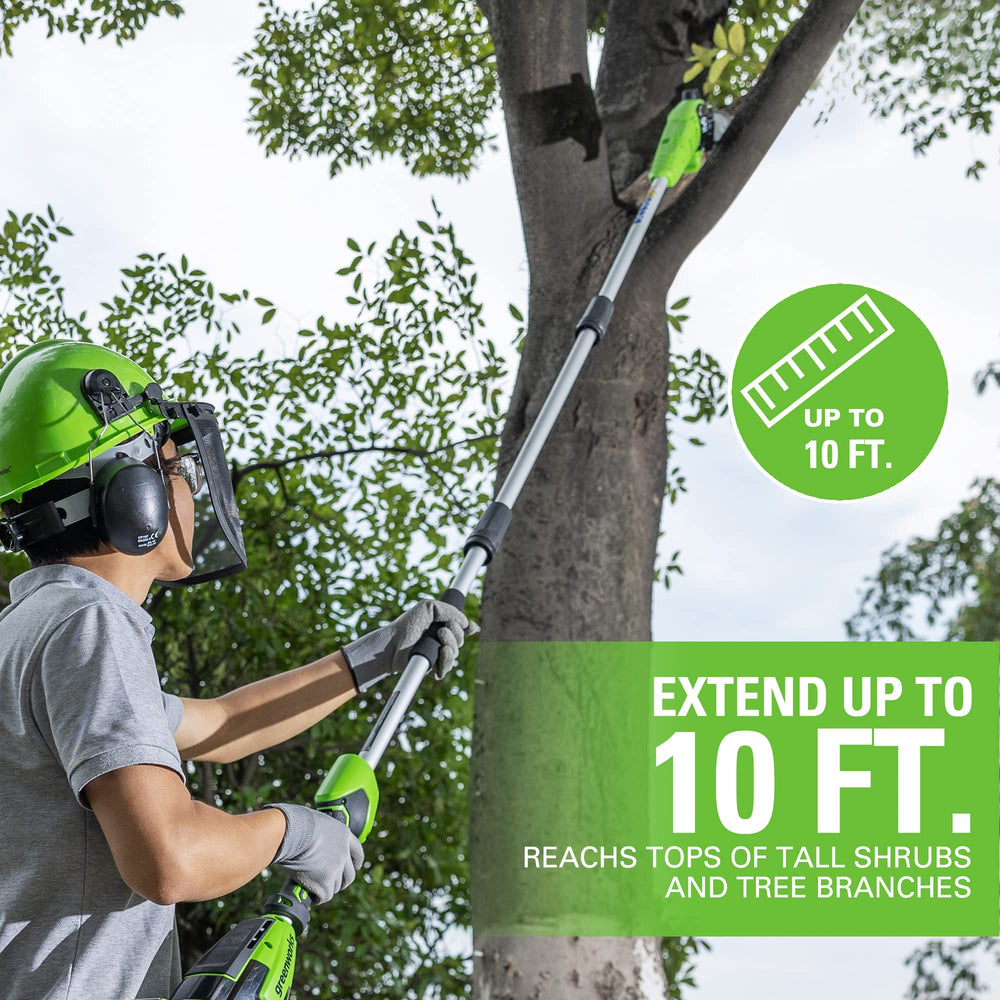 Greenworks polesaw bar and chain closeup with automatic oiler for longer life