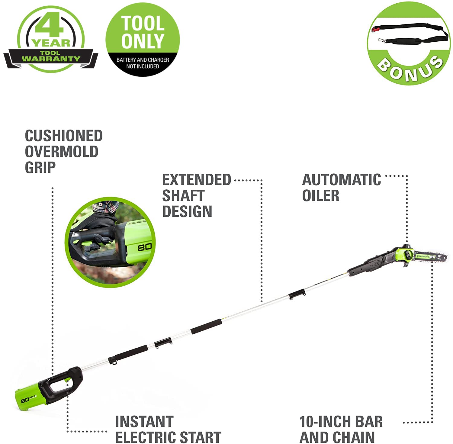 Greenworks close-up of 10" bar and 1/4" chain highlighting fast cutting performance